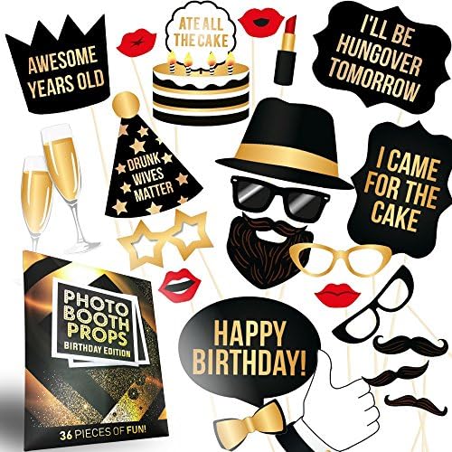 Happy Birthday Photo Booth Props Kit - Premium Black &amp; Gold Printed Signs, Bday Party Decorations - 36 Pieces with Wooden Sticks - Funny Selfies for Men Women Boys Girls Kids Adults &amp; Friends to Enjoy