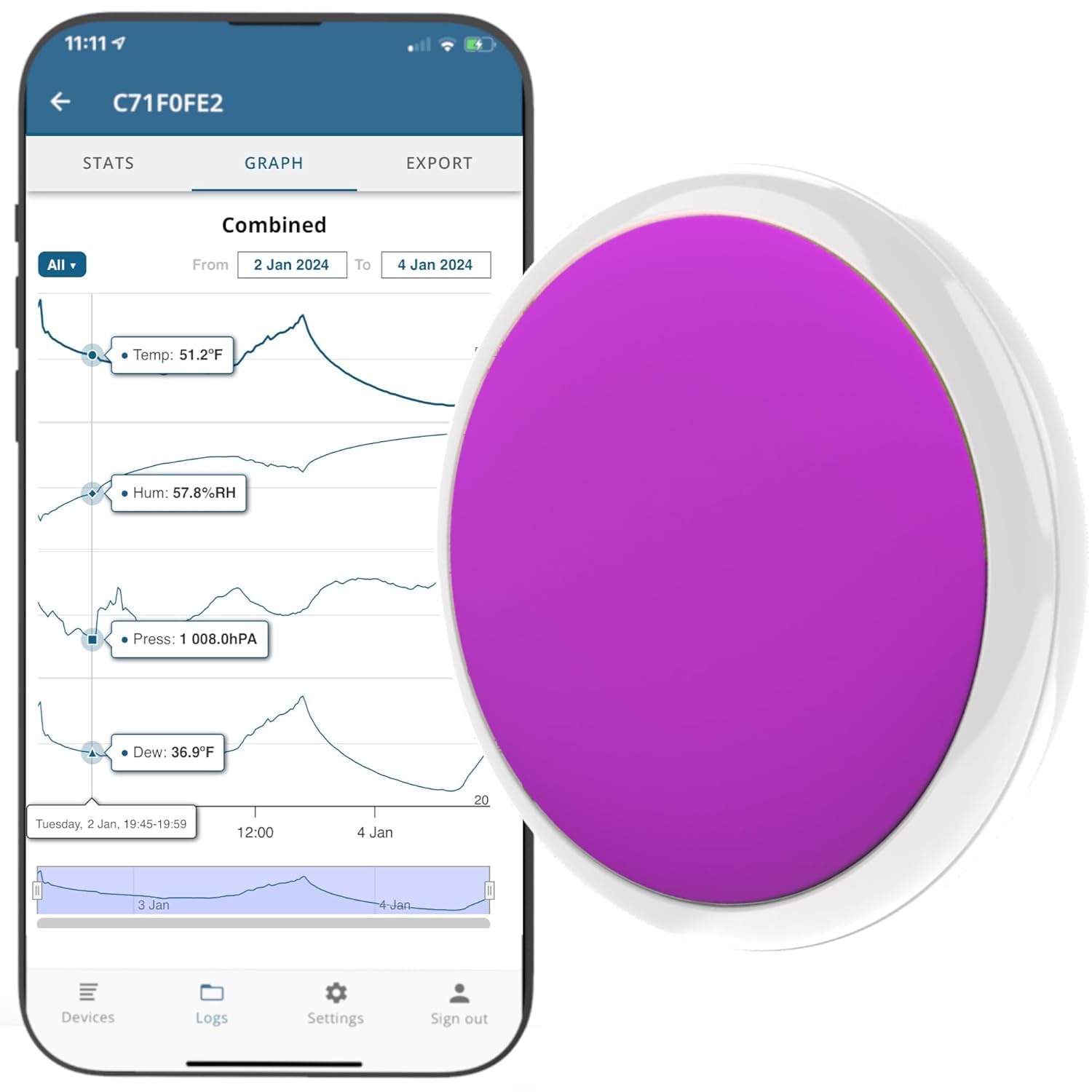 Disc Maxi 4 in 1 Temperature, Humidity, Barometric Pressure, Dew Point Sensor and Data Logger