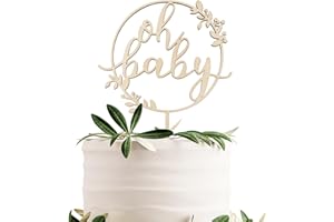 DDLP Oh Baby Cake Topper Wooden Baby Shower Cake Topper for Boy Girl Neutral Boho Rustic Gender Reveal Cake Topper 6.7inch
