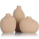 Small Tan Brown Ceramic Vase Set of 3,Bulk Mini Bud Vases for Flowers and Pampas Grass,Cute Boho Ellipse Home Decor for Coffee Table Centerpieces,Living Room,Office,Bookshelf,Entryway Decor