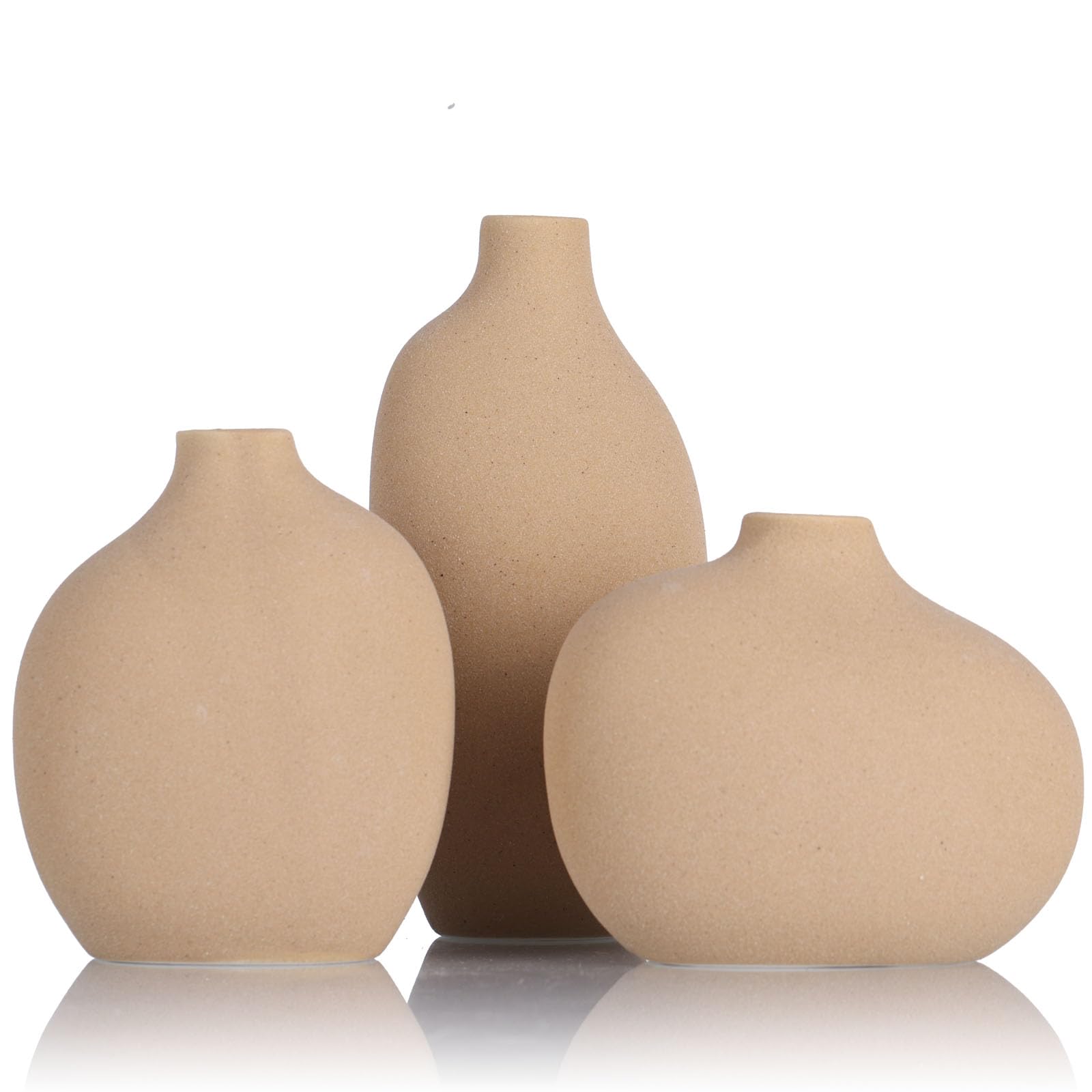 Small Ceramic Vase Set of 3,Bulk Mini Bud Vases for Flowers and Pampas Grass,Cute Boho Ellipse Home Decor for Coffee Table Centerpieces,Living Room,Office,Bookshelf,Entryway Decor (Tan)