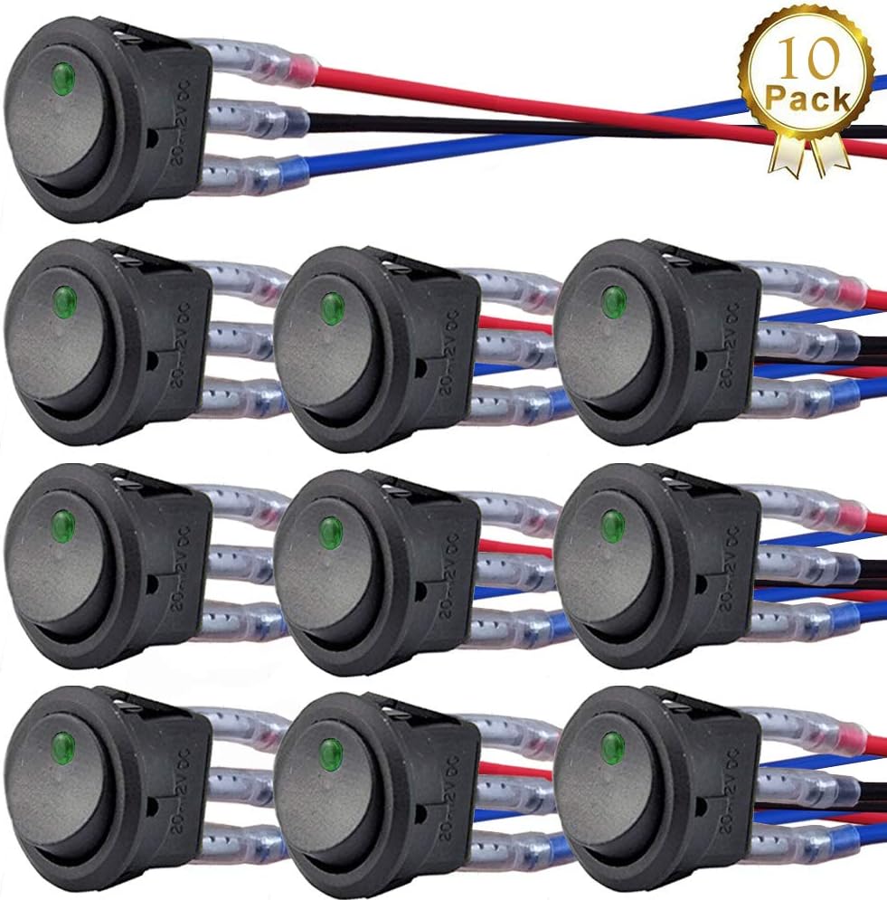 DONJON Illuminated Rocker Toggle Switch,10pcs Mini ON/OFF SPST switch with Pre-soldered 16AWG Wires,12V 20A/24V 10A Round Rocker Switch for car,Light,Truck,Machine,Boat,Motor,3 Pins 2 Positions(green)
