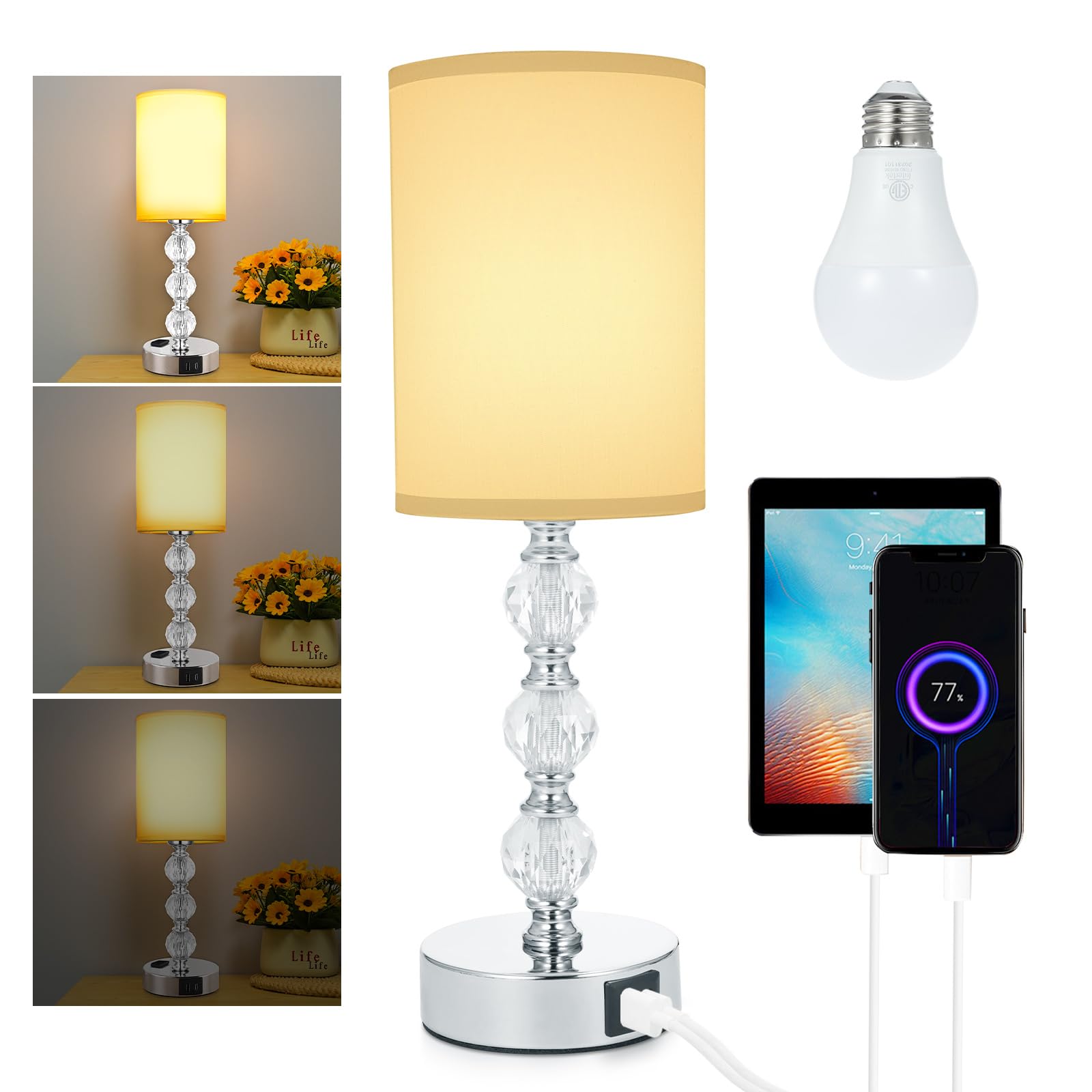 Lixada Bedside Table Lamp Luxury Crystal Touch Lamp Bedroom with 3 Way Dimmable Lamp with 3000K Warm Light Bulb Fabric Lampshade Desk Lamp with USB C+A Charging Port/AC Outlet for Living Room