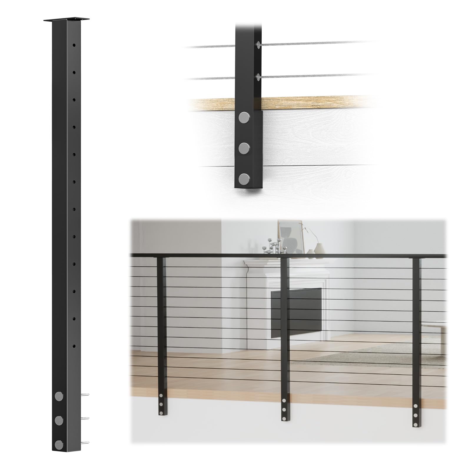 Photo 1 of ***INCOMPLETE***Muzata Black Side Mount Cable Railing Post 42 Inch 42"x2"x2" Level Drilled Space-Saving Stainless Steel Cable Railing System Kit Indoor Outdoor with User Guide PF02 BH4L
