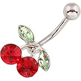 Lenacou Cute Belly Button Rings 14G Surgical Steel Cherry Navel Barbell Stud CZ Body Piercing