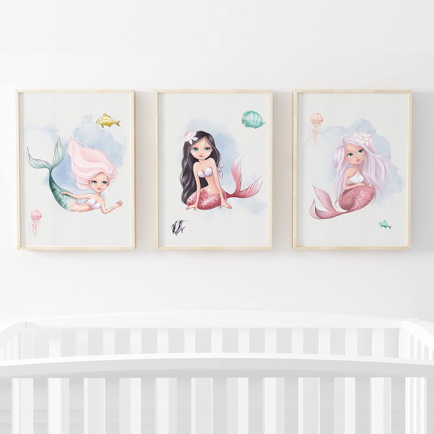 Pompom Prints® Mermaid Children's Nursery Bedroom Wall Art Picture Print Poster set of 3 for Toddler or Baby Girl. [Picture Frames NOT Included] (A4)