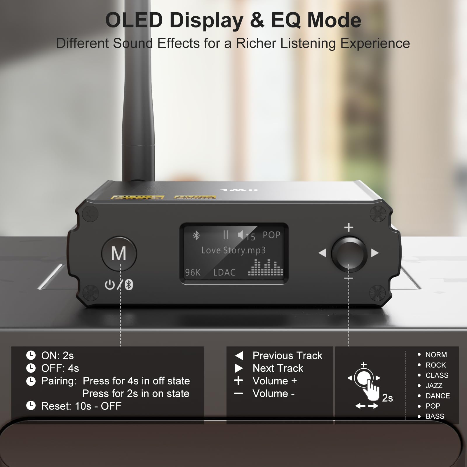 1Mii DS220 HiFi Bluetooth Receiver – Long Range Wireless Audio Adapter with Audiophile DAC, LDAC & aptX HD, OLED Display, Optical/Coaxial/RCA Outputs for Home Stereo & AV Receiver