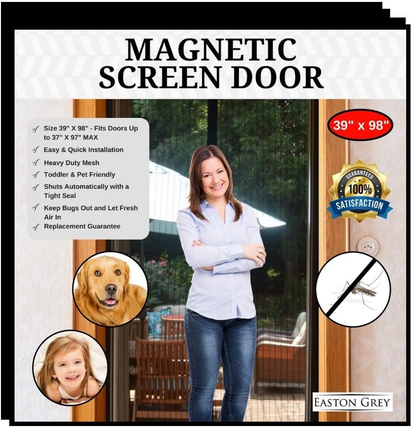 Easton Grey Magnetic Screen Door Bug Screens: Door Screen with Strong Magnets, Reinforced Heavy Duty Mesh Curtain - Keeps Out Insects - Kid & Pet Friendly - Fits Doors Up to 37" x 97" - Black