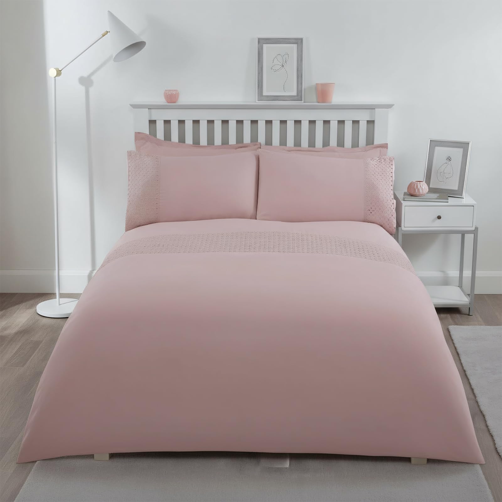 Sleepdown Lace Panel Band Border Blush Pink Luxury Soft Easy Care Duvet Cover Quilt Bedding Set with Pillowcases - Double (200cm x 200cm) 5056242802433