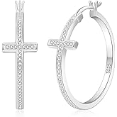 LOUMILEO Sterling Silver Cross Hoop Earrings for Women Hypoallergenic 14K Gold Plated Rhinestone Hoop Earrings for Momen Lightweight Silver Cross Earrings with Cubic Zirconia Jewelry Gifts 20/30/40MM