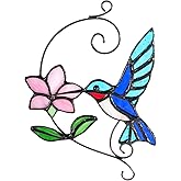 Blue Hummingbird Stained Glass Suncatcher with Flower, Handmade Window Hanging Light Catcher Bird Decor for Home & Garden, Glass Ornament Gift for Mom, Grandma & Nature Lovers