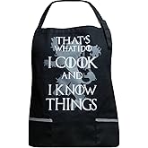 INVEST IN SOLUTIONS That's What I Do I Cook & I Know Things - 100% Cotton Black Apron with 2 Grey Tone Pockets - Adjustable Strap - Unisex Inspired by Game of Thrones