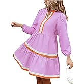 Womens Puff Long Sleeve Babydoll Dress V Neck Navy Blue Striped Color Block Tiered Mini Dresses