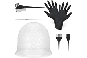 BOWINR 5 Pieces Hair Coloring Highlighting Cap, Silicone Highlight Cap Pull Through Caps Hair Coloring Frosting Cap with Hook, Hair Highlighting Kit Gloves and Brush for Salon Tools Women Men