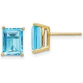 14k Yellow Gold Stud Earrings for Women with Emerald Cut Blue Topaz in Minimalist Four Prong Setting, Fine Jewelry Design for Everyday or Formal Wear, December Birthstone Gemstone Accent Studs 9x6 mm