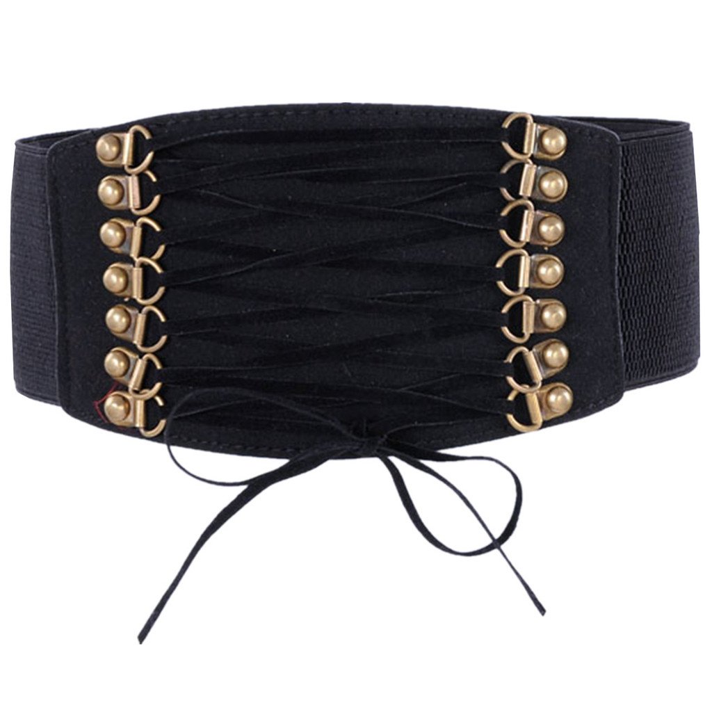 Ayliss Women Elastic Waistband Wide Band Tied Waist Cincher Belt,Black
