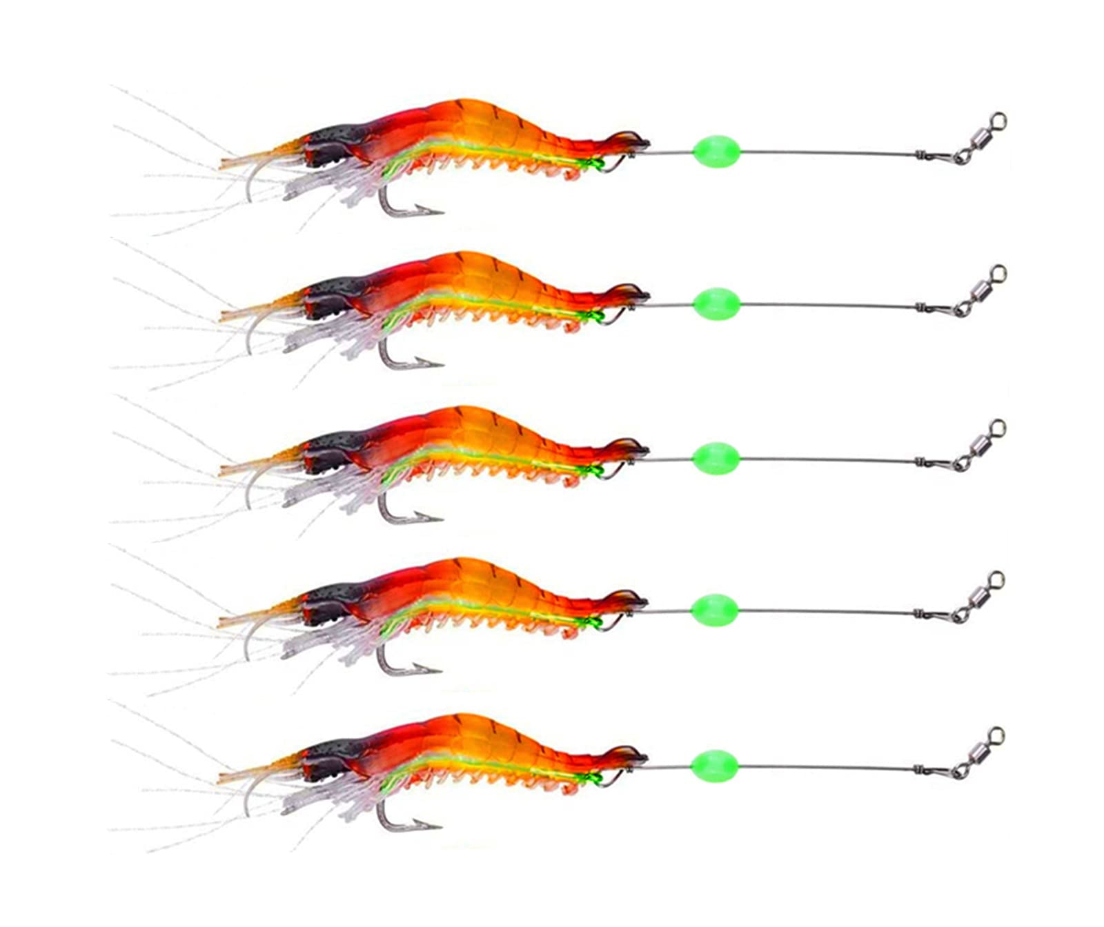 Milepetus 5pcs Soft Shrimp Lure Rigs with Luminous Fishing Hook and Glow Beads Good for Trout Bass Salmon,Freshwater/Saltwater