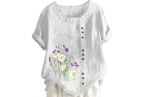 FOCLMP Women Floral Print Linen Shirts Short Sleeve Gauze Tops Loose Fit Cotton Blouses Trendy 2024 Clothing