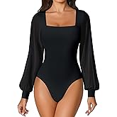 Avidlove Women Puff Long Sleeve Bodysuit Mesh Square Neck Thong Sexy Body Suits Double Lined Leotards