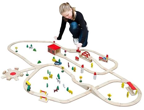 eyepower Holzeisenbahn Set 120 Teile Spielzeug-Eisenbahn inkl. Zubehör Natur Holz Eisenbahn-Set 8 Meter
