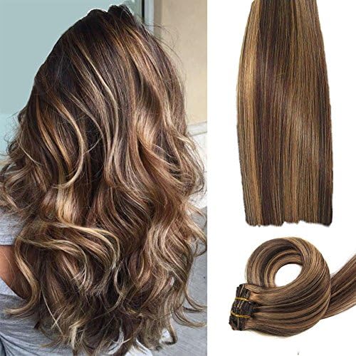 ChicFusion Clip In 16 Inch Human Hair Extensions 70g #4/27 Brown with Blonde Highlight