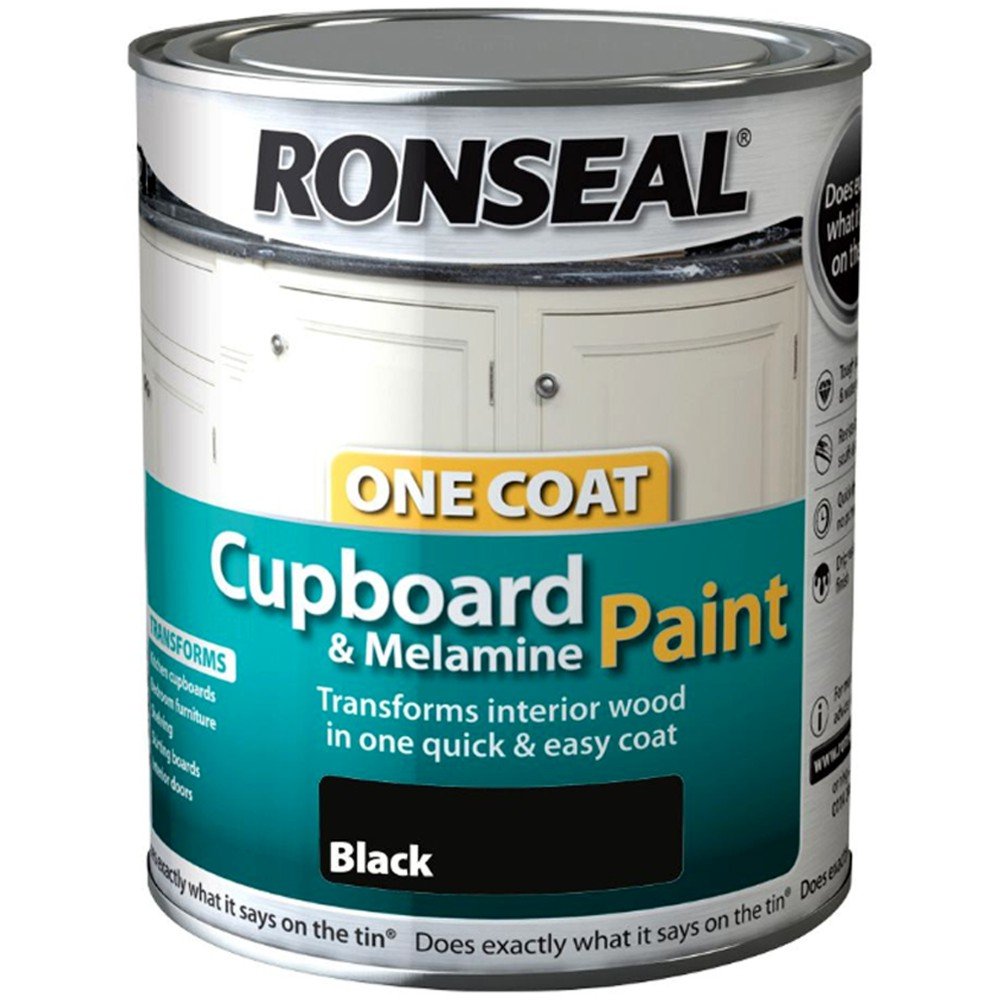 Ronseal One Coat Cupboard Melamine & MDF Paint Black Gloss 750ml