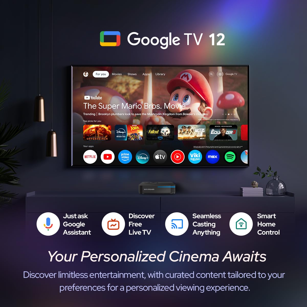 RockTek GX1 UHD Streamer - Google TV 4K UHD Streaming Player, HDR, Dolby Vision & Atmos, Wifi6 - AISR, AIPQ, QMS - Realtek RTD1325 Chip - Voice Remote, Live TV, Google Cast, Smart Home Control