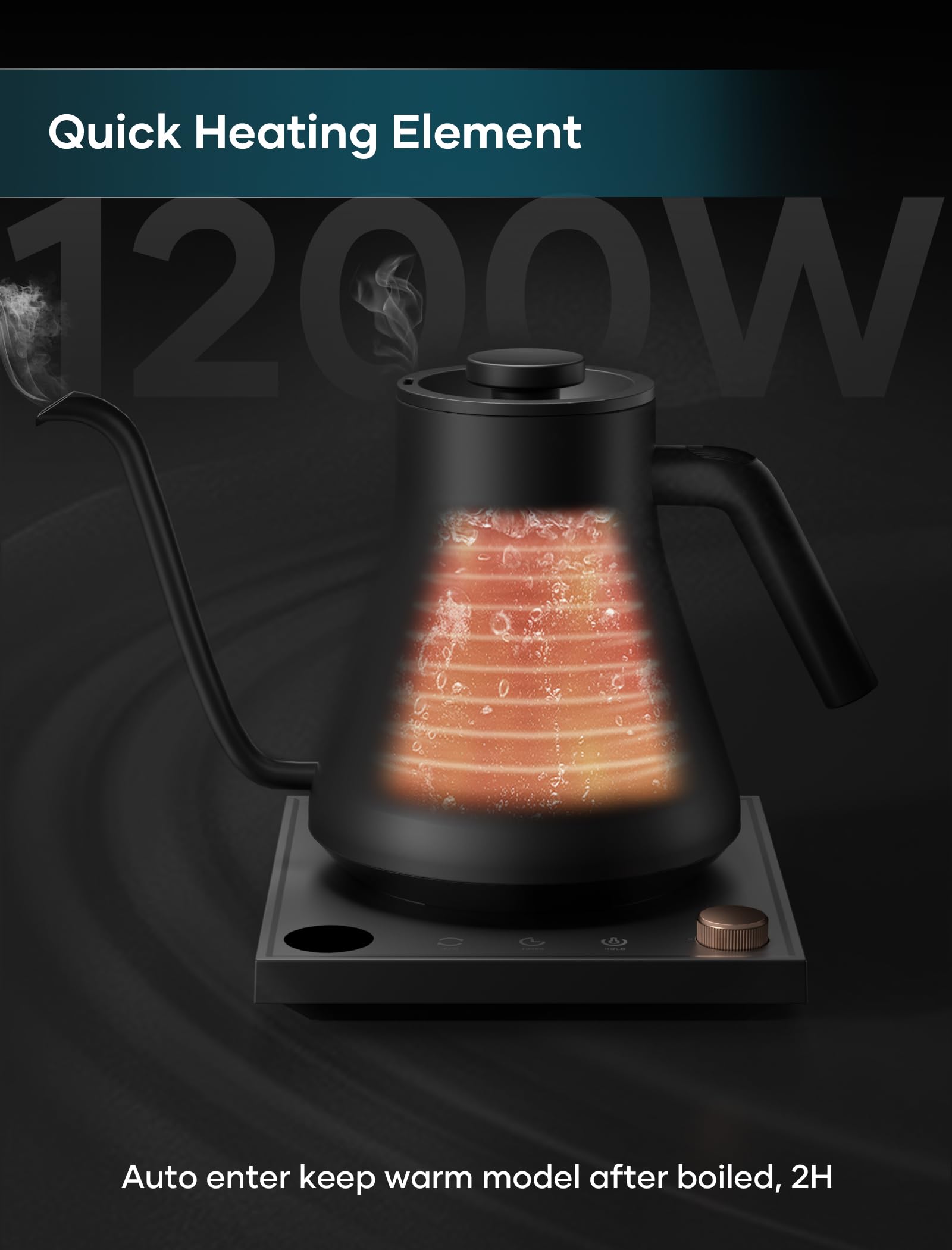INTASTING Hervidores eléctricos, hervidor eléctrico de cuello de cisne, control de temperatura ±1 ℉, interior de acero inoxidable, calentamiento rápido, para verter sobre café, preparar té, hervir agua caliente, 0,9 L negro
