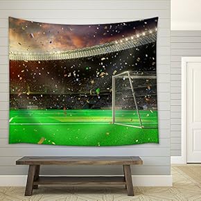 Evening Stadium Arena Soccer Field Championship Win. Confetti and Tinsel Yellow Toning - Fabric Wall Tapestry Home Decor - 51x60 inches