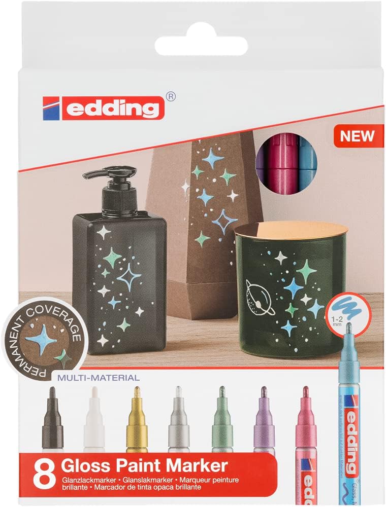 edding 751 gloss paint marker set, black white gold silver blue green violet pink (metallic), 8 pens, round nib 1-2 mm - Image 4