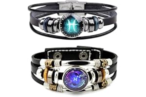 WLL 2Pcs Multilayer Constellation Zodiac Leather Bracelet for Women Men Handmade Woven Zodiac Sign Wrap Wristband Bracelet Couple BFF Birthday Jewelry