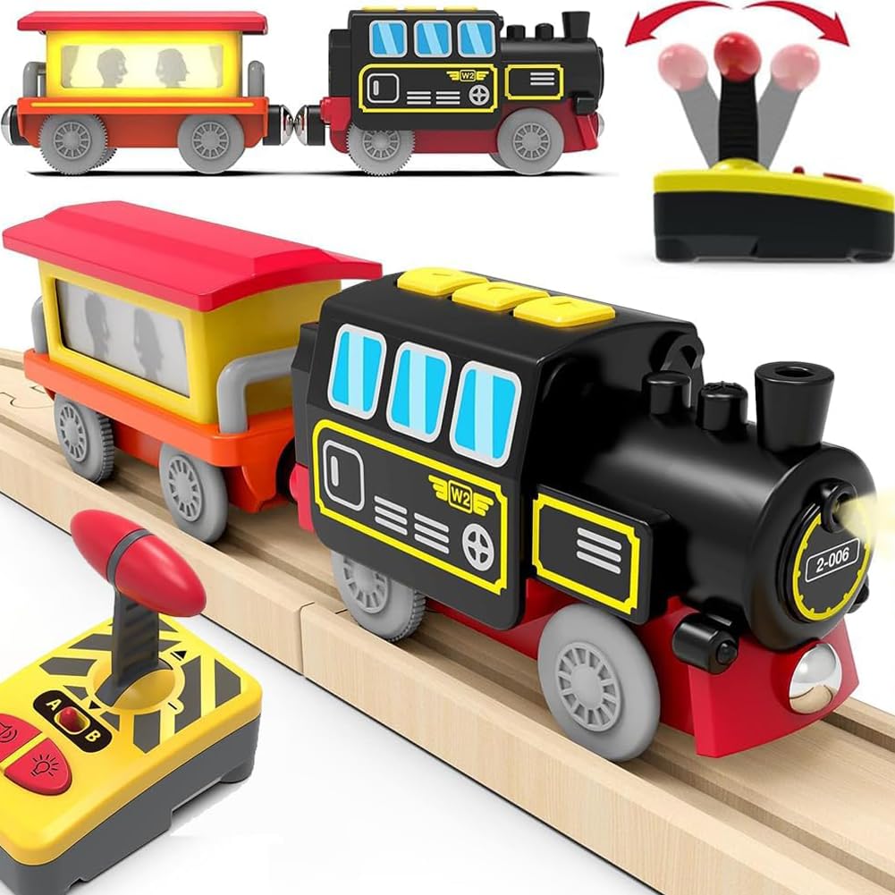 TOPLIVING Motorized Train for Wooden Track, Remote Control with Magnetic Connection, Battery Operated Locomotive Train Set Compatible with Thomas, Brio, Chuggington - Toys for Toddlers