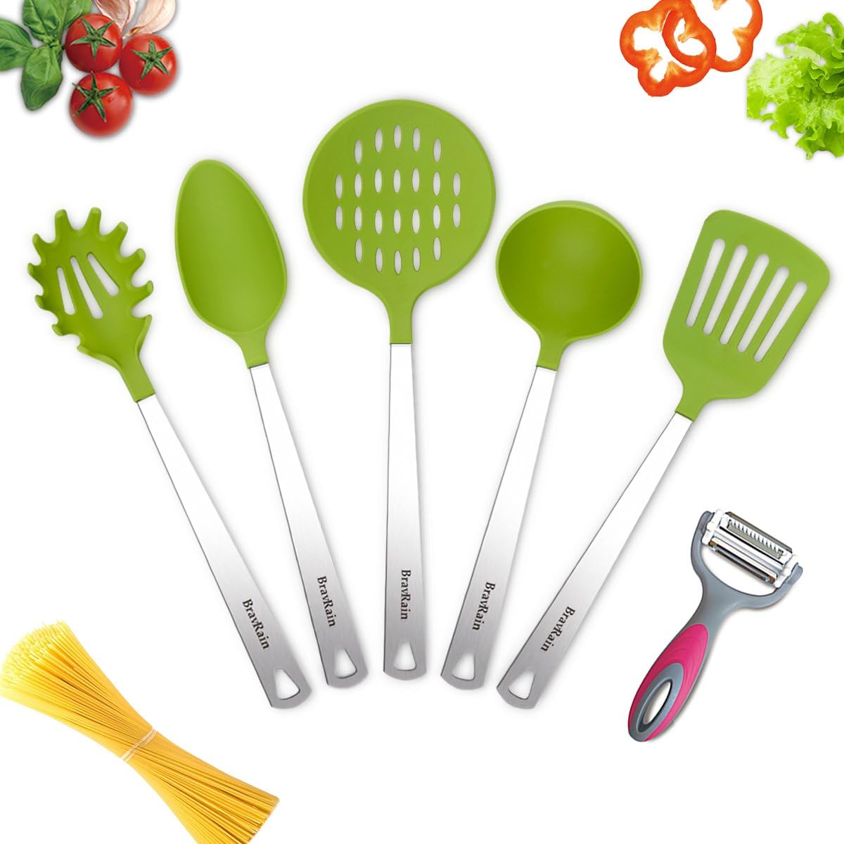 Kitchen Utensils, BravRain 6 Piece Nonstick Non-Scratch Cooking Utensils, Nylon and Stainless Steel Kitchen Tools Set - Spoon, Spatula, Skimmer, Ladle, Pasta Server, Vegetable Peeler (lime)