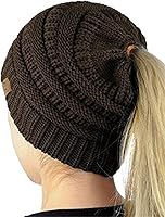 C.C BeanieTail Soft Stretch Cable Knit Messy High Bun Ponytail Beanie Hat