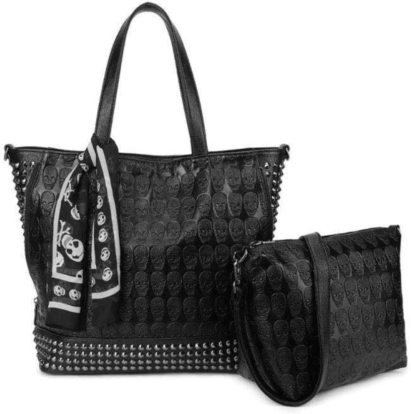 Women Skull Skeleton Chain Hangbag Lady Tote Shoulder Bucket Bag Temperament Work Package, Black