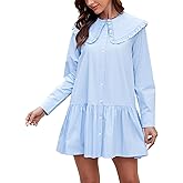 Kedera Women Shirt Mini Dress Button Down Ruffle Dress Long Sleeves Shift Dresses Peter Pan Collar Dresses