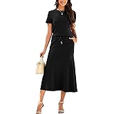 Casly Lamiit Women's Two Piece Sets Summer Casual Lounge Outfits Short Sleeve Fishtail Midi Skirts Set with Pockets