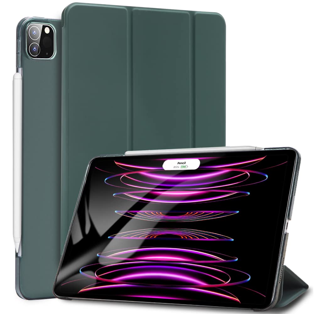 Sripns Case for iPad Pro 12.9 Inch 2021 (5th Generation), Slim Lightweight Trifold Stand Smart Case [Support Pencil 2],Hard Back Translucent Protective Cover with Auto Wake/Sleep - Midnight Green