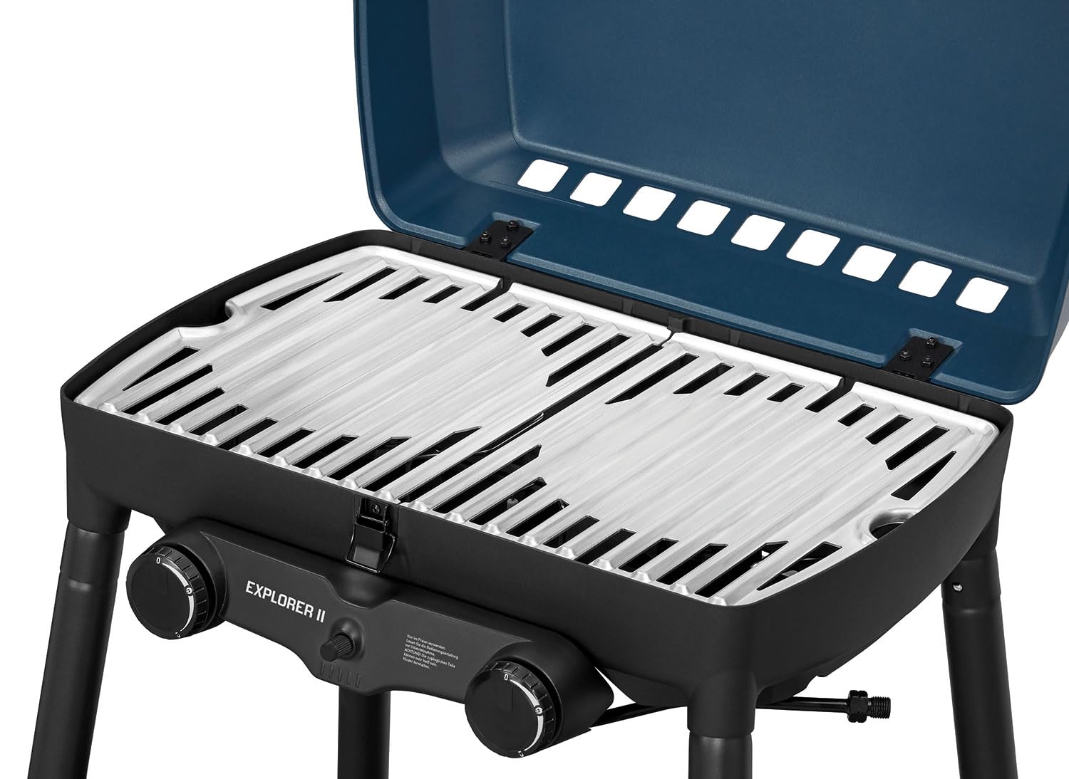 Enders Camping Gasgrill Explorer II, Grill-Thermometer, Grillen-, Kochen-, Backen Funktion, 2 Brenner Edelstahl, kleiner Balkon-Picknick-Grill, Aluguss-Grillwanne #2104, Blau 6