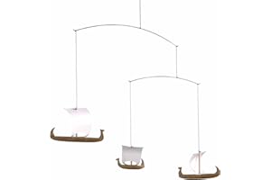 FLENSTED MOBILES Viking Ships 3 Hanging Mobile - 15 Inches - Teak - Handmade in Denmark by Flensted