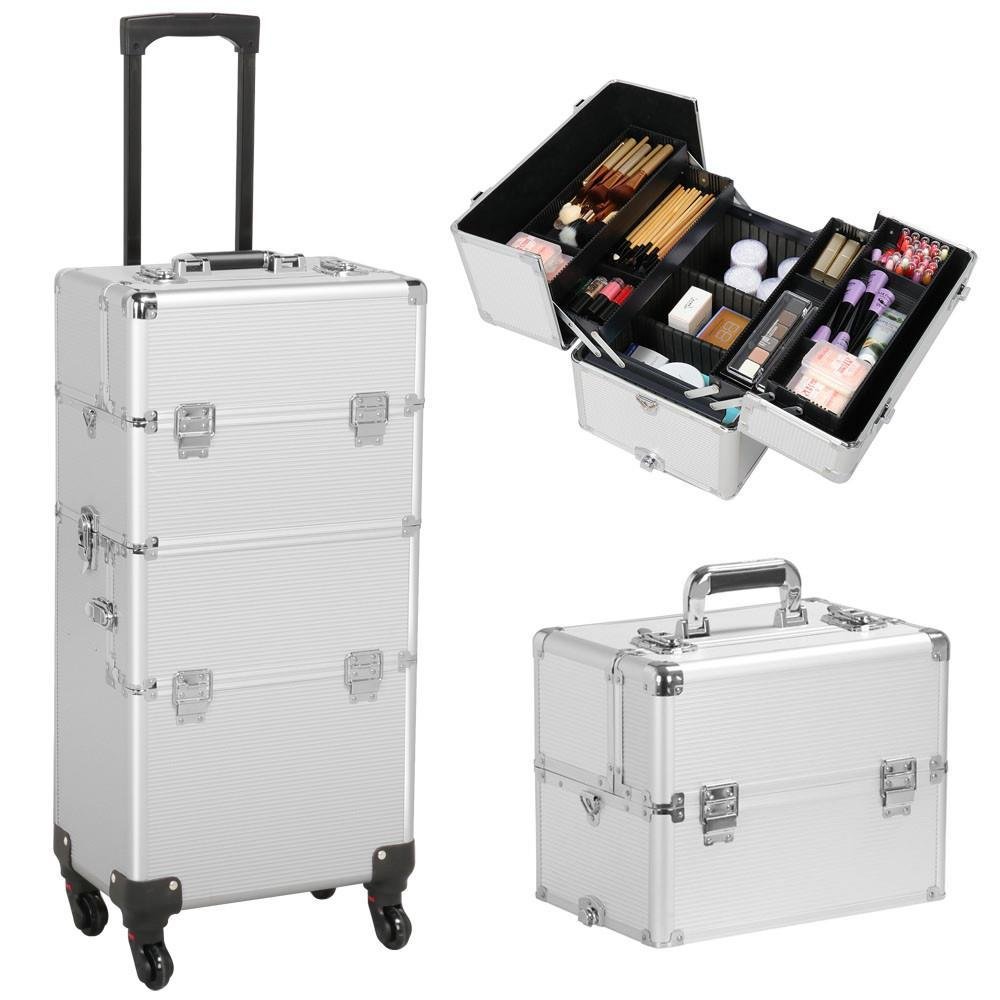 Yaheetech 3 in 1 Professional Aluminum Rolling Makeup Trolley Artist Train Case Cosmetic Organizer Makeup Case(4 wheeler accessories) Silver