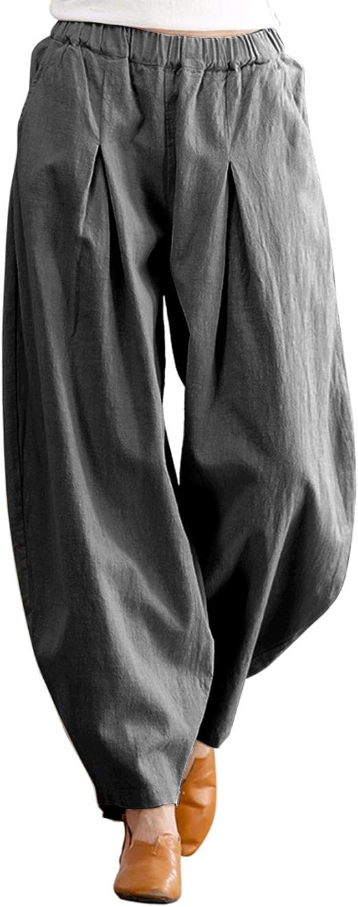 IXIMO Women's Casual Cotton Linen Baggy Pants with Elastic Waist