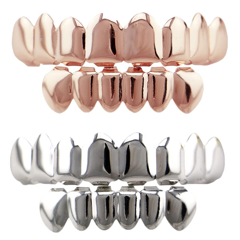yufana 2 Pcs Top Bottom Teeth Grills,Shine Gold Grills Color Tooth Grills Top Bottom Fake Mouth Grills Plated Gold Silver Grills Mouth Bottom Grills for Joker Rapper,Halloween Costume