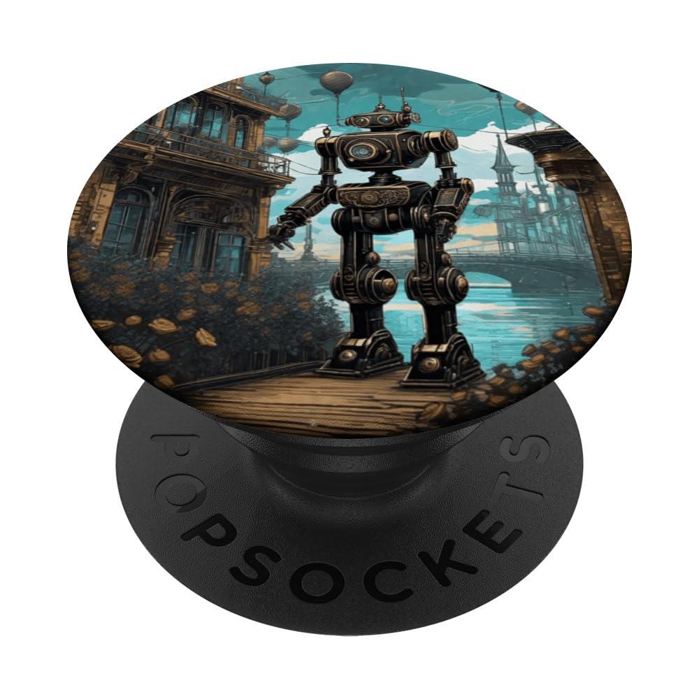 Retro Steampunk Robot n Roses Cute Trendy Industrial Cartoon PopSockets Swappable PopGrip