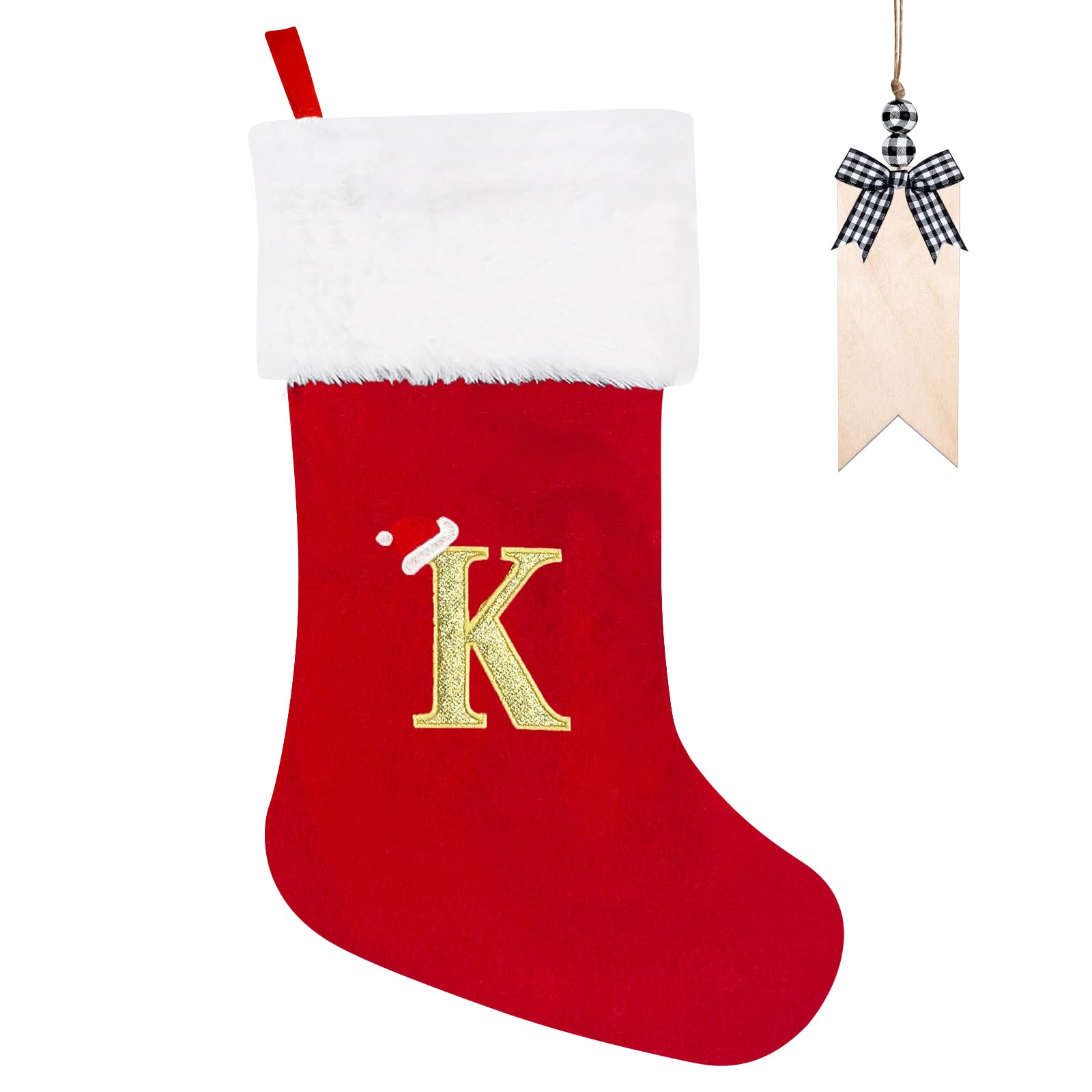 Christmas Stockings 50cm Personalised Christmas Stocking with Letter Large Monogram Red Xmas Stockings with Name Tag Plush Hanging Stockings Gifts Sock for Xmas Decor Tree Holiday Ornament (K)