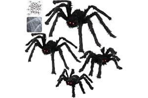 CREATEY 6 Pack Halloween Decorations with 30" Giant Spider + 23" Halloween Spider + 20" Hairy Spider + 12" Scary Fake Spider + 400 sqft Spider Web + 20 Small Spiders for Indoor Outdoor Halloween Decorations