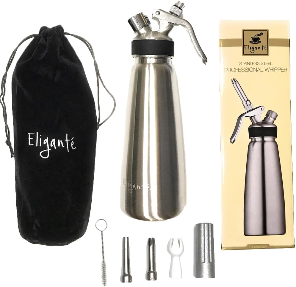 Eligantè Professional Gourmet Stainless Steel Whipped Cream Dispenser/Cream Whipper (1 Pint) with Decorating Nozzles, Brush, and Velvet Storage Case