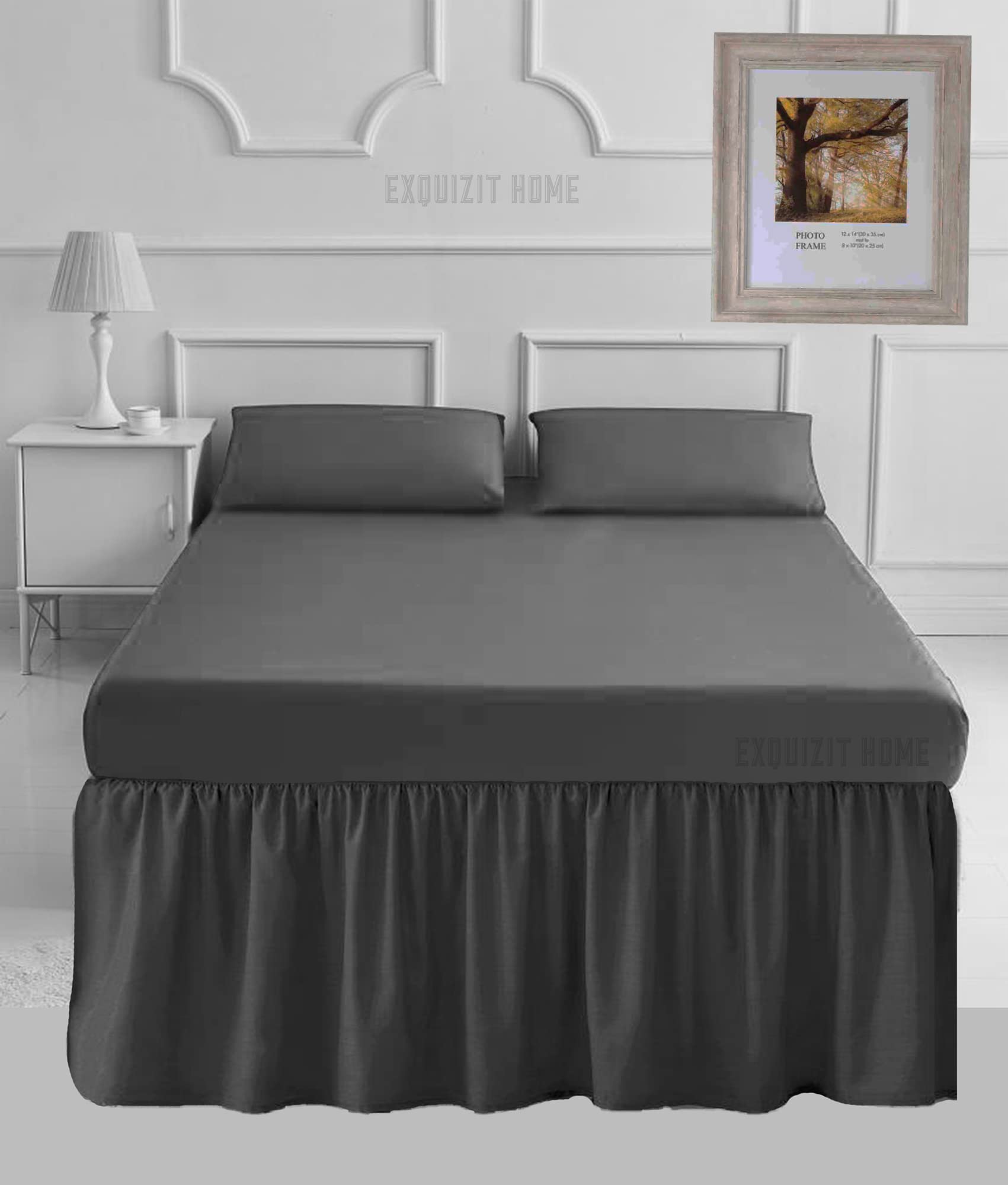 EXQUIZIT HOME® 16" Extra Deep Valance Sheet – 40cm Frilled Drop Polycotton Percale Base Valance, Plain Dyed Easy Care Bed Skirt (Double, Grey)