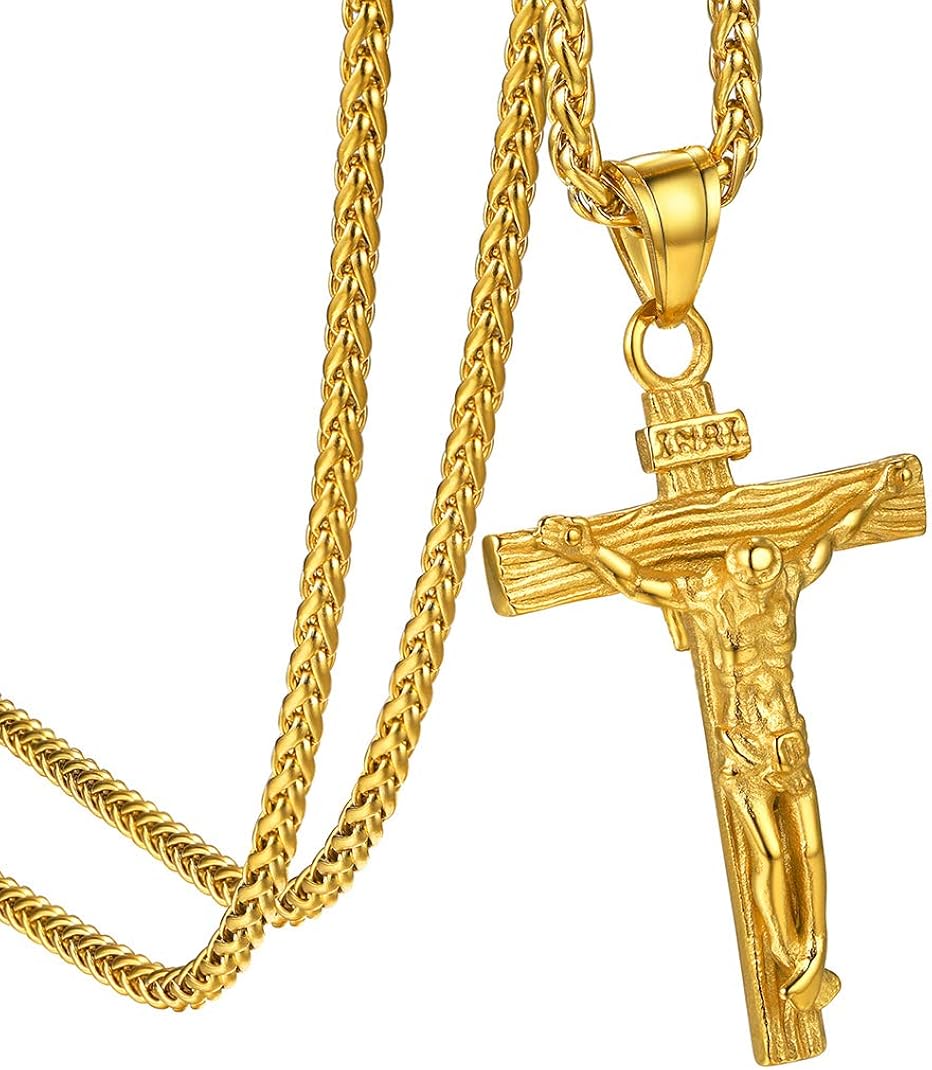 GOLDCHIC JEWELRY Gold Crucifix Necklace for Men Women Jesus Cross Pendant INRI with Gold Chain, Gold INRI Cross, 55