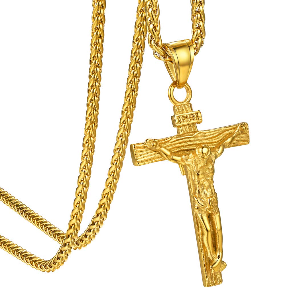GOLDCHIC JEWELRY Gold Crucifix Necklace for Men Women, Jesus Cross Pendant INRI with Gold Chain